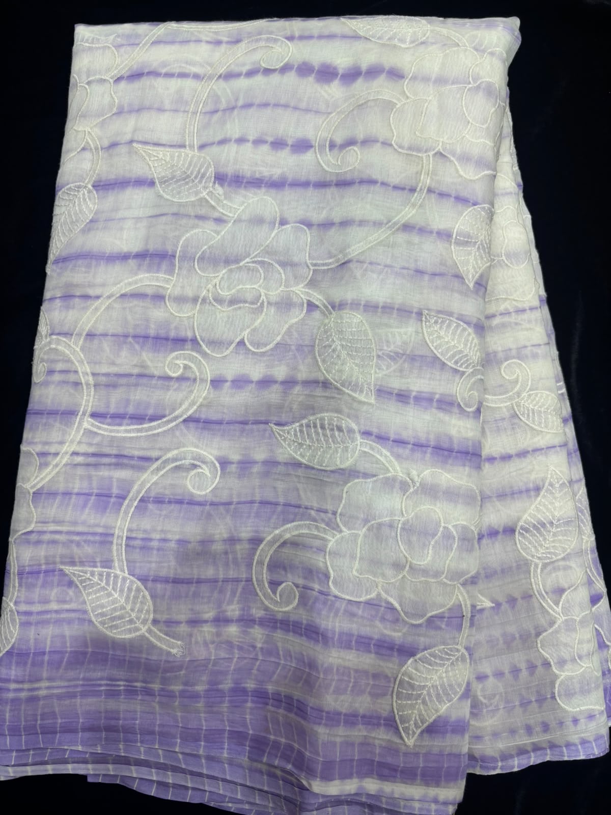 Shibori Dyed With Floral Applique Worked Pure Mul Chanderi Fabric