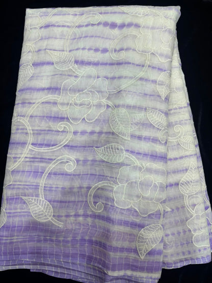Shibori Dyed With Floral Applique Worked Pure Mul Chanderi Fabric