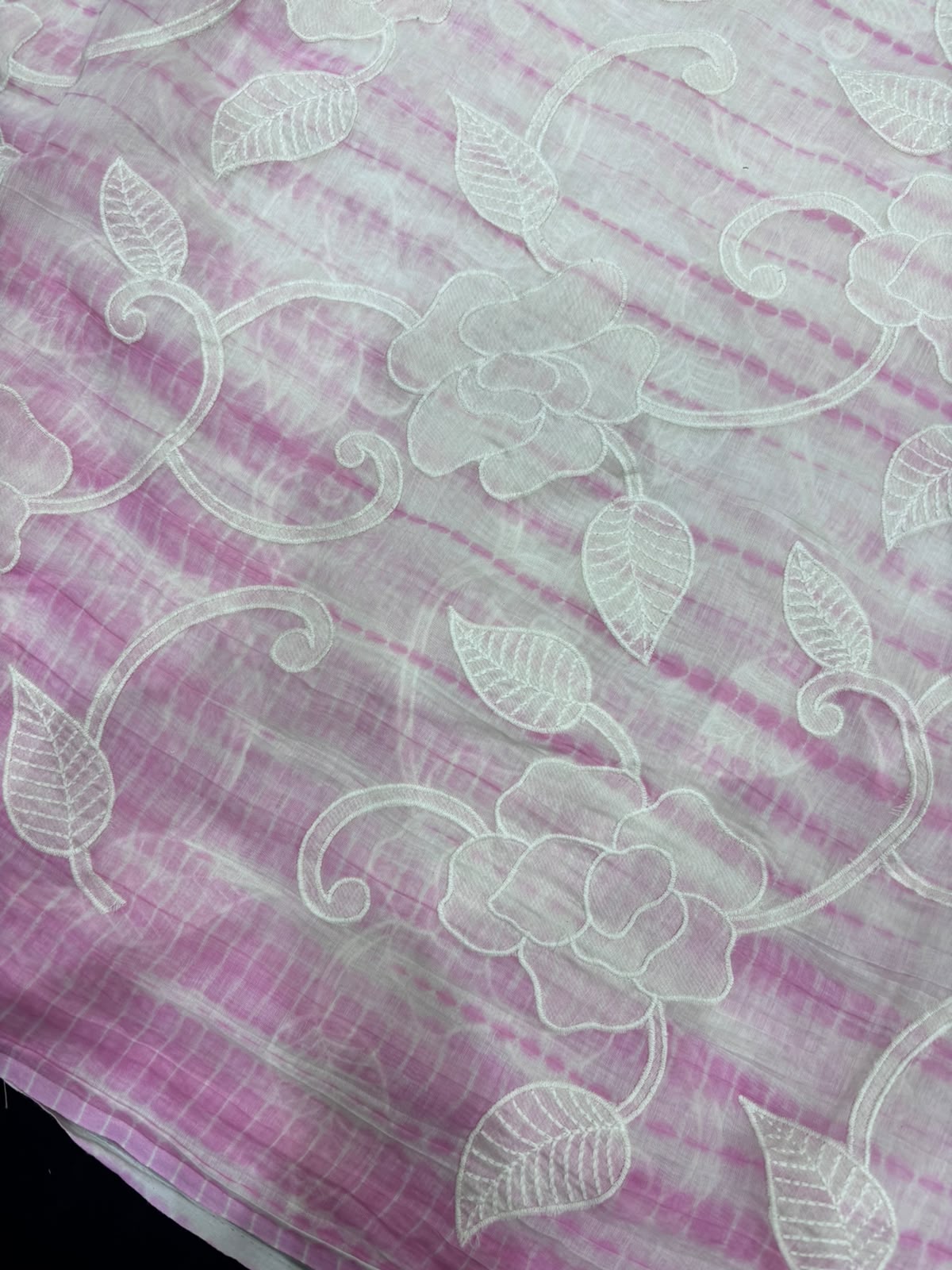 Shibori Dyed With Floral Applique Worked Pure Mul Chanderi Fabric