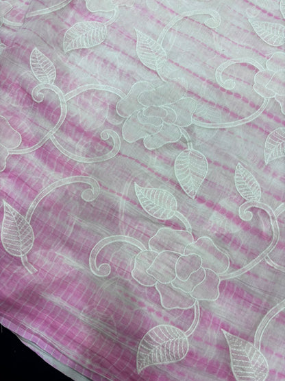 Shibori Dyed With Floral Applique Worked Pure Mul Chanderi Fabric