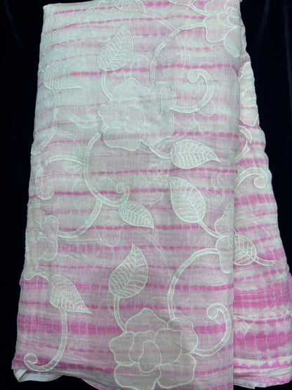 Shibori Dyed With Floral Applique Worked Pure Mul Chanderi Fabric