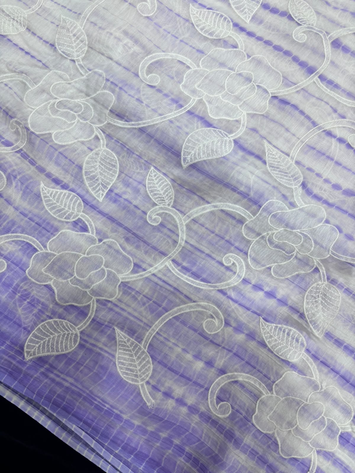 Shibori Dyed With Floral Applique Worked Pure Mul Chanderi Fabric