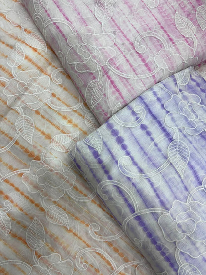 Shibori Dyed With Floral Applique Worked Pure Mul Chanderi Fabric