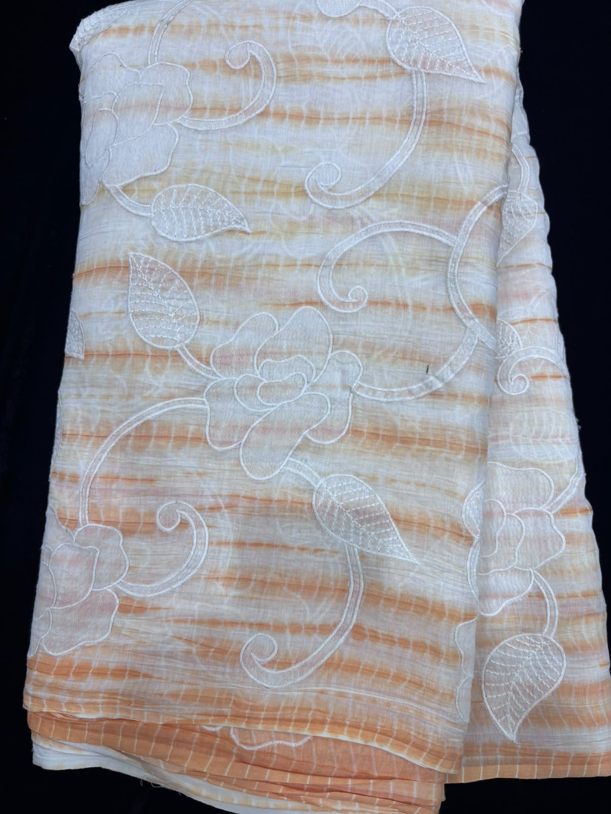 Shibori Dyed With Floral Applique Worked Pure Mul Chanderi Fabric