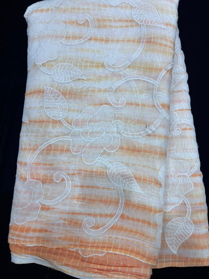 Shibori Dyed With Floral Applique Worked Pure Mul Chanderi Fabric