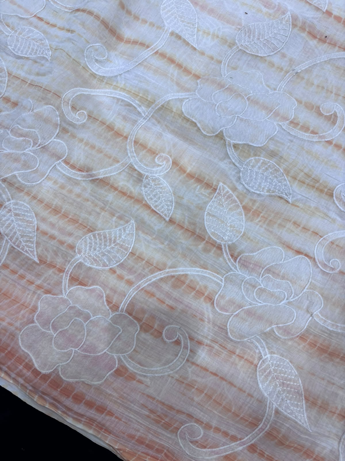 Shibori Dyed With Floral Applique Worked Pure Mul Chanderi Fabric