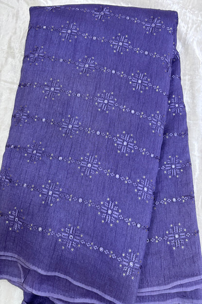 Dark Lilac Crosstich Work Highlighted With Sequins & Mirror Falling Rawsilk Fabric