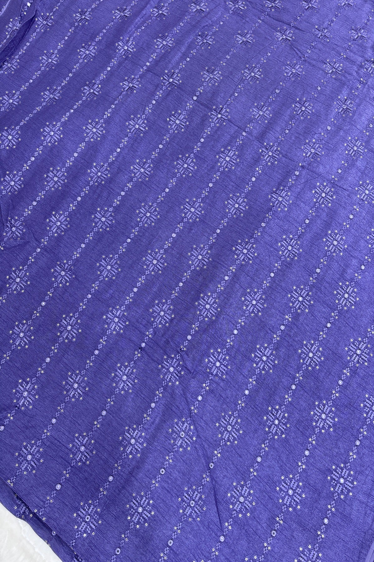 Dark Lilac Crosstich Work Highlighted With Sequins & Mirror Falling Rawsilk Fabric