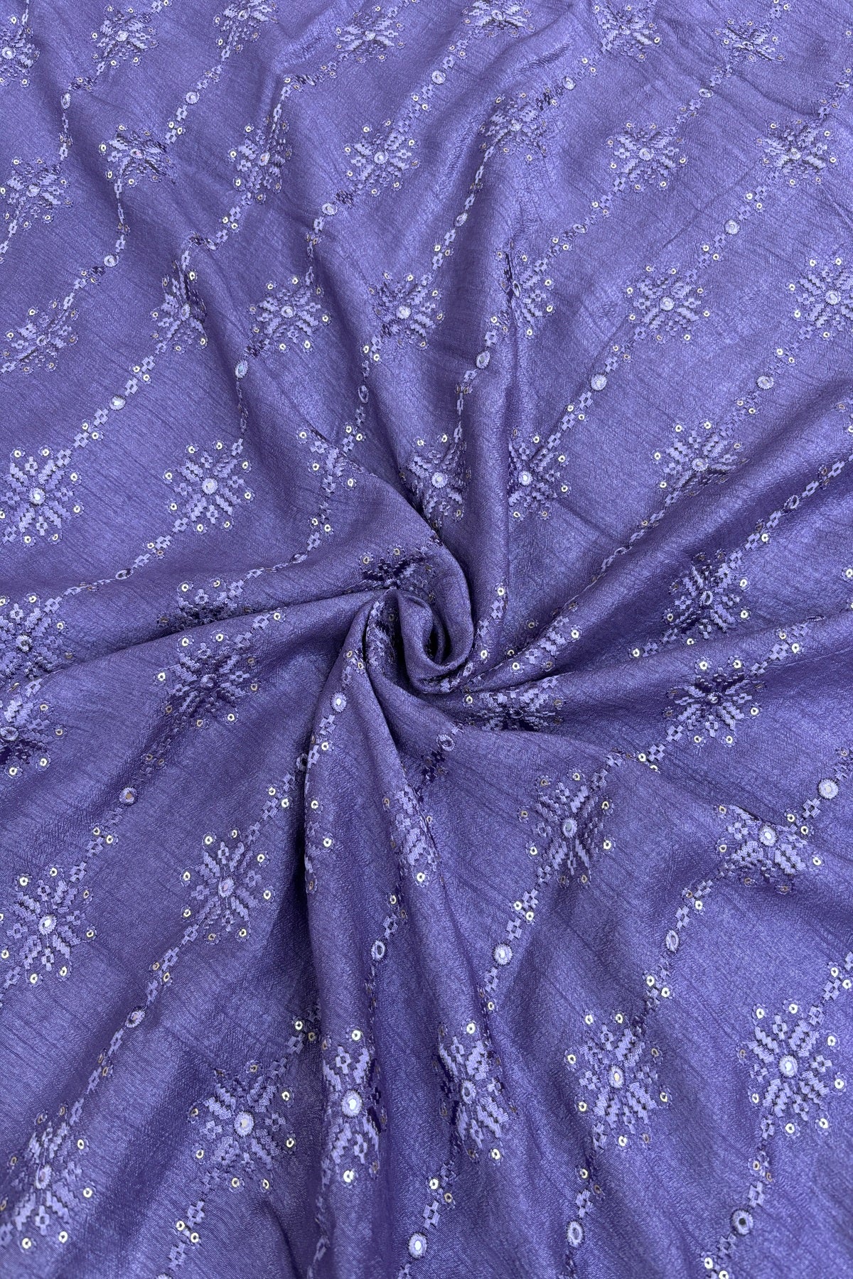 Dark Lilac Crosstich Work Highlighted With Sequins & Mirror Falling Rawsilk Fabric