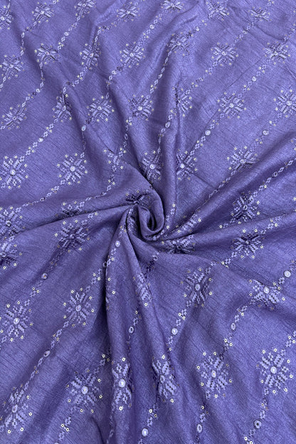 Dark Lilac Crosstich Work Highlighted With Sequins & Mirror Falling Rawsilk Fabric