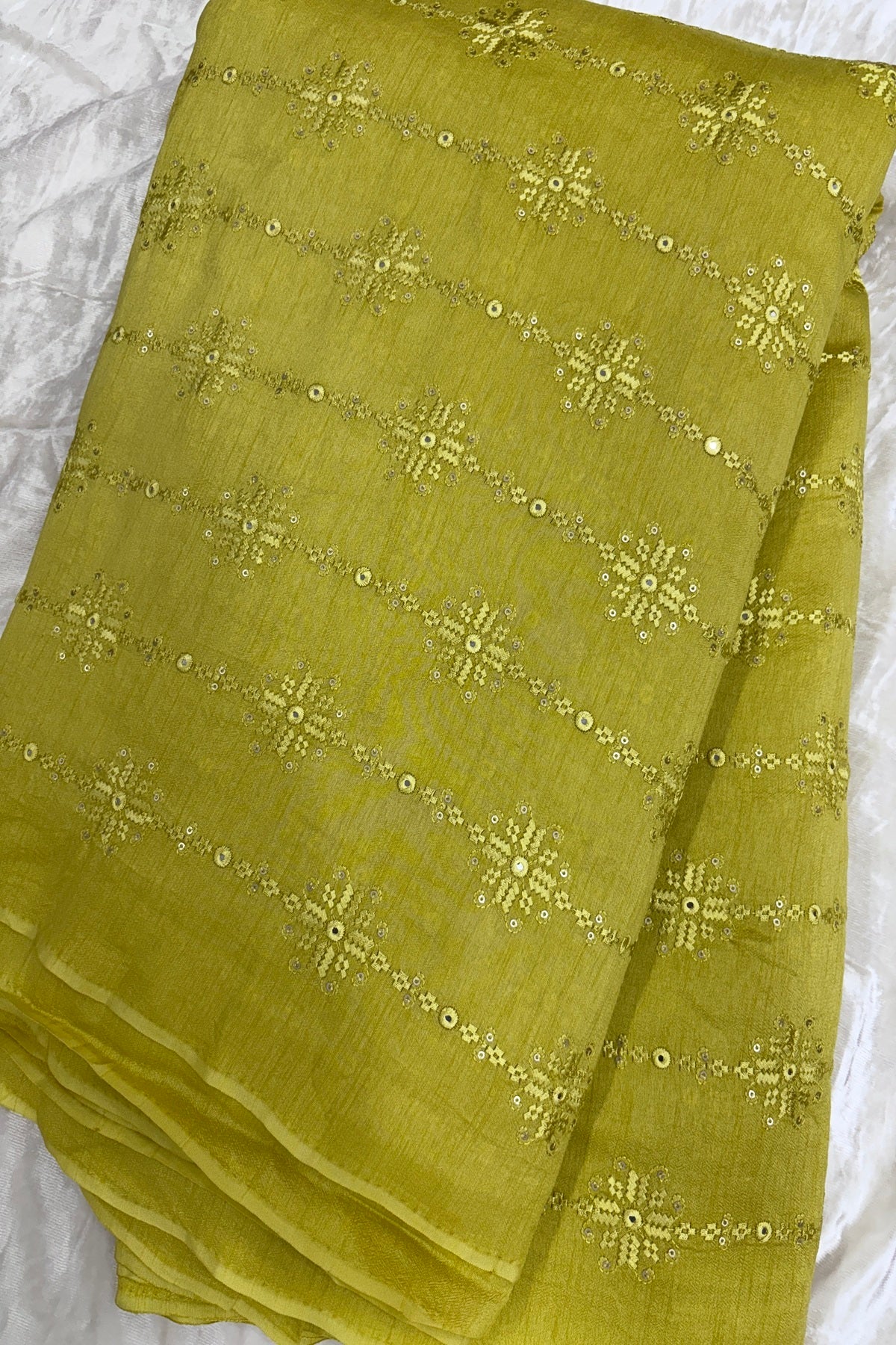Lemon Yellow Crosstich Work Highlighted With Sequins & Mirror Falling Rawsilk Fabric