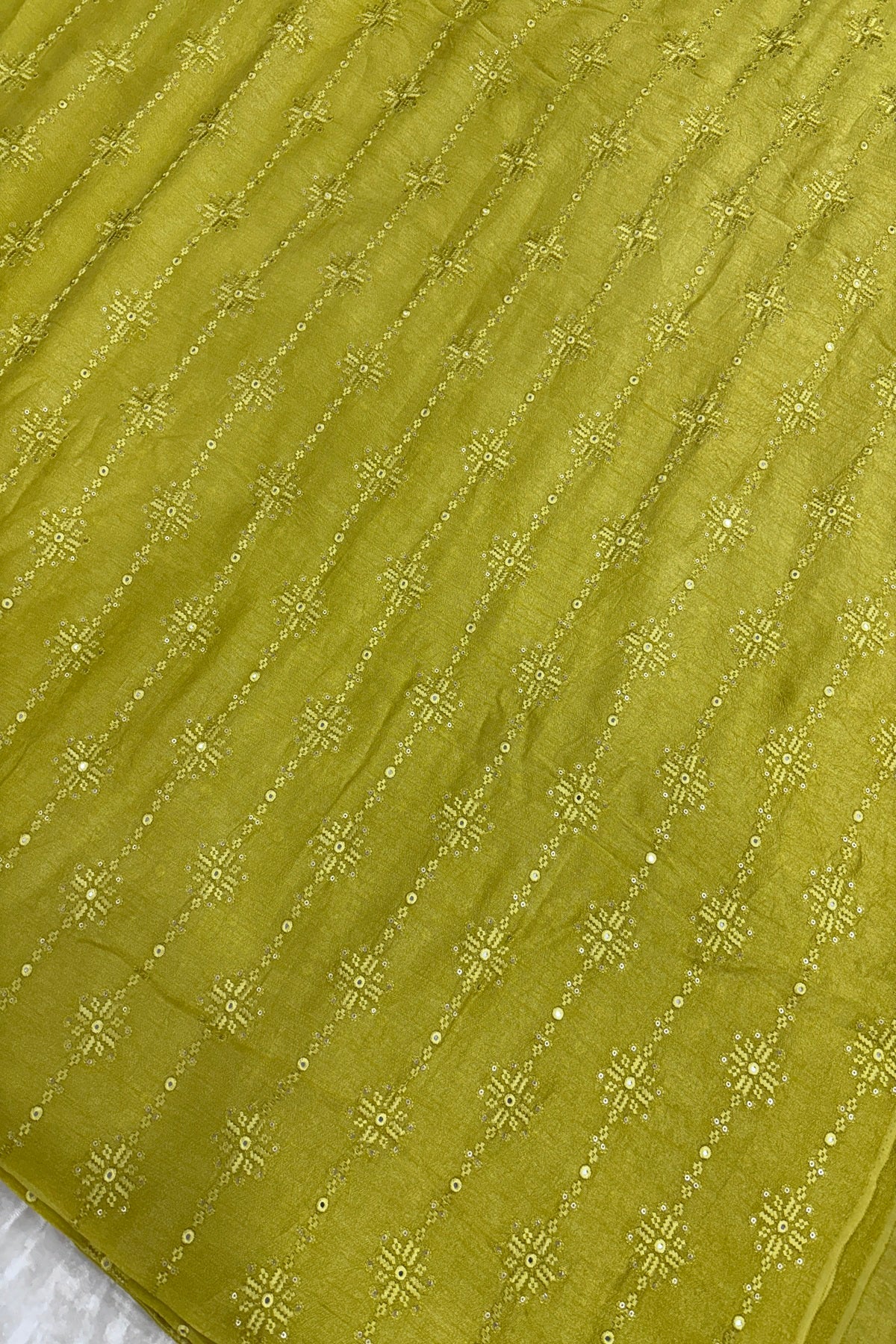 Lemon Yellow Crosstich Work Highlighted With Sequins & Mirror Falling Rawsilk Fabric