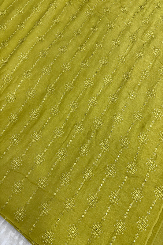 Lemon Yellow Crosstich Work Highlighted With Sequins & Mirror Falling Rawsilk Fabric