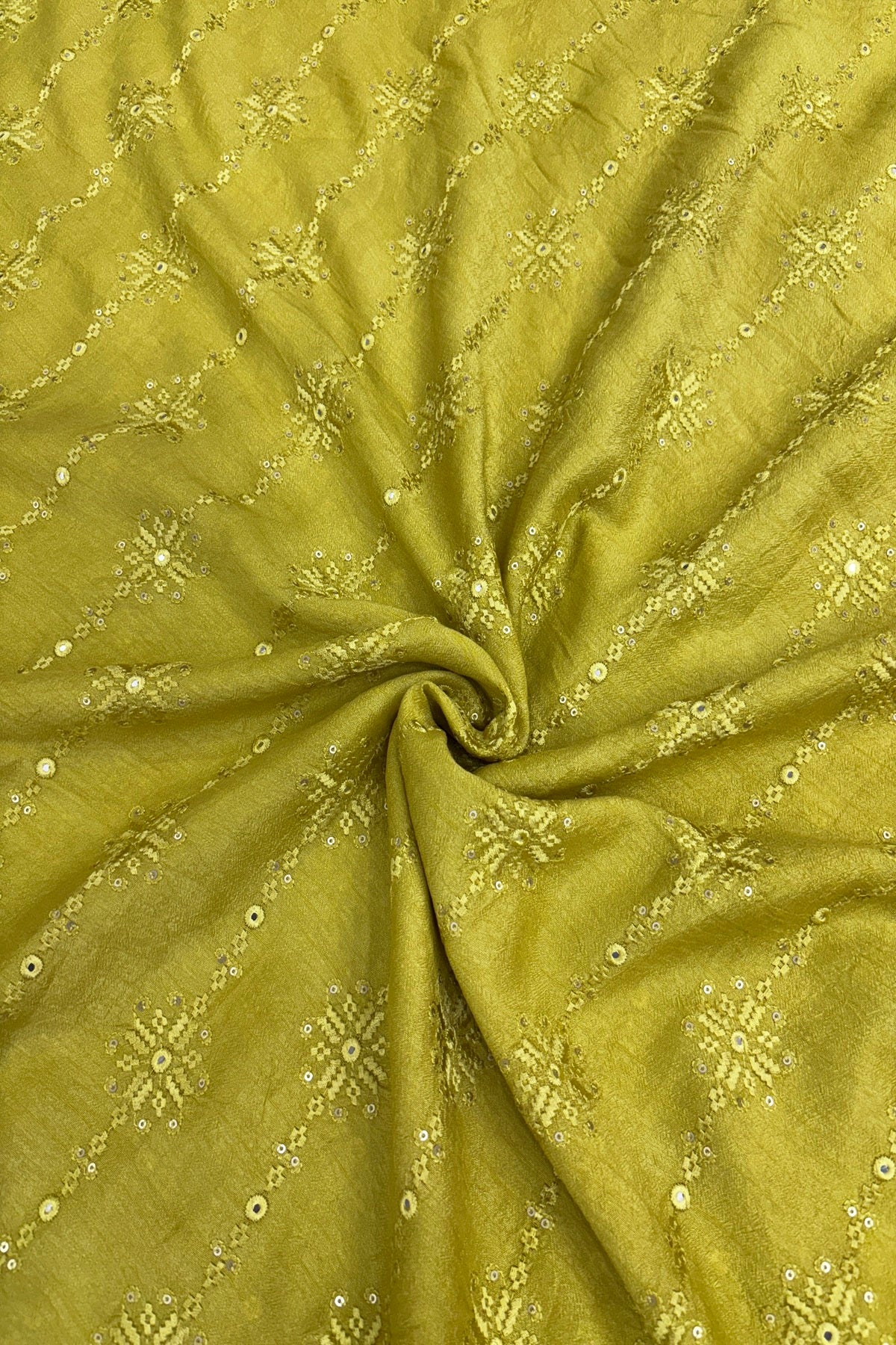 Lemon Yellow Crosstich Work Highlighted With Sequins & Mirror Falling Rawsilk Fabric
