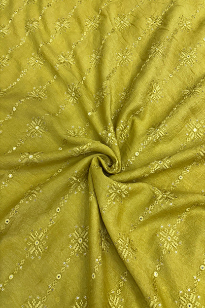 Lemon Yellow Crosstich Work Highlighted With Sequins & Mirror Falling Rawsilk Fabric