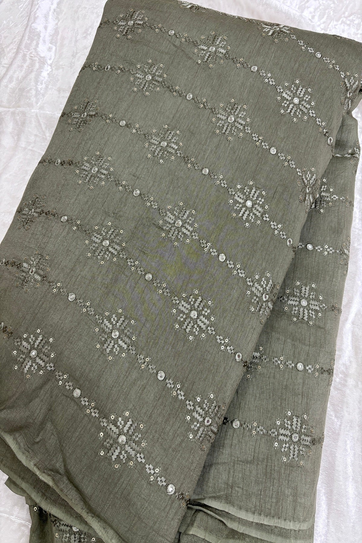 Greyish Olive Green Crosstich Work Highlighted With Sequins & Mirror Falling Rawsilk Fabric