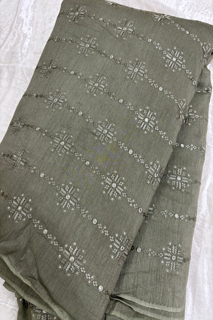 Greyish Olive Green Crosstich Work Highlighted With Sequins & Mirror Falling Rawsilk Fabric