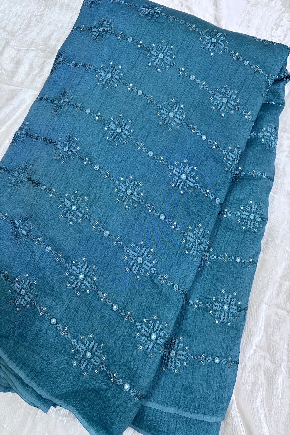 Dusky Turquoise Blue Crosstich Work Highlighted With Sequins & Mirror Falling Rawsilk Fabric