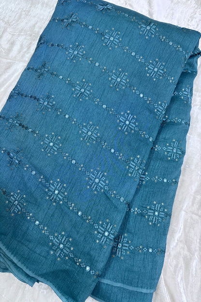 Dusky Turquoise Blue Crosstich Work Highlighted With Sequins & Mirror Falling Rawsilk Fabric