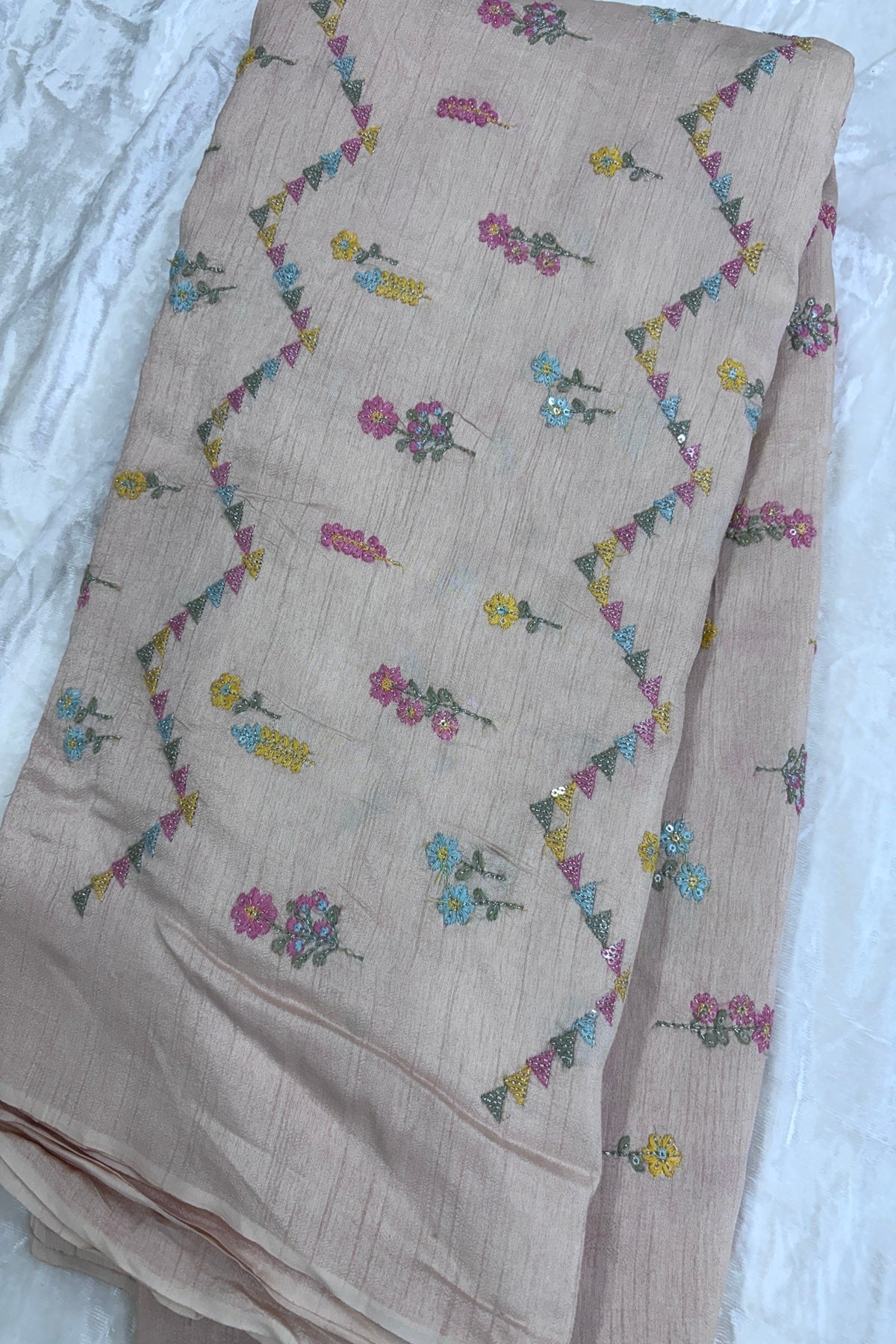 Powder Peach Cross Wave Patterns Embroidered With Multi Threads Highlighted With Sequins Falling Rawsilk Fabric