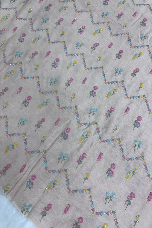 Powder Peach Cross Wave Patterns Embroidered With Multi Threads Highlighted With Sequins Falling Rawsilk Fabric