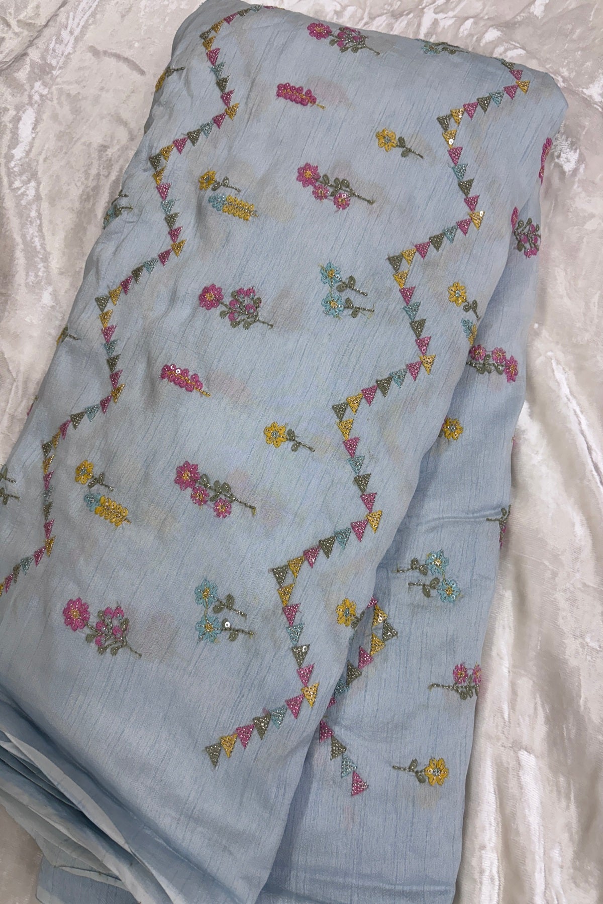 Powder Blue Cross Wave Patterns Embroidered With Multi Threads Highlighted With Sequins Falling Rawsilk Fabric