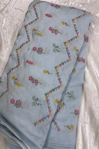 Powder Blue Cross Wave Patterns Embroidered With Multi Threads Highlighted With Sequins Falling Rawsilk Fabric