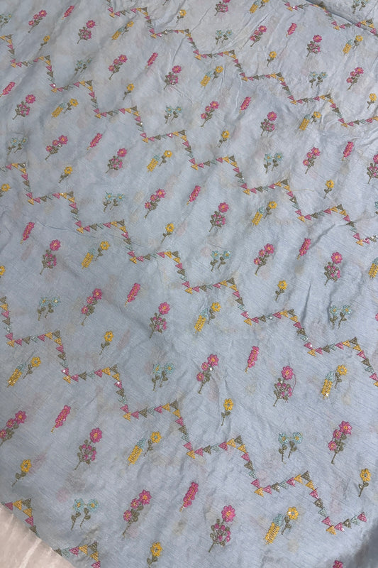 Powder Blue Cross Wave Patterns Embroidered With Multi Threads Highlighted With Sequins Falling Rawsilk Fabric