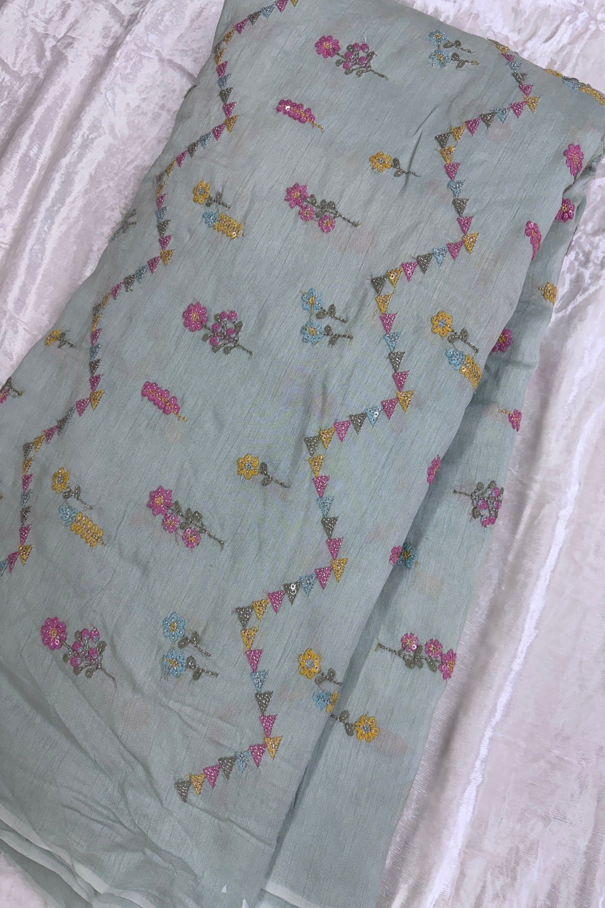 Powder Pistachio Green Cross Wave Patterns Embroidered With Multi Threads Highlighted With Sequins Falling Rawsilk Fabric