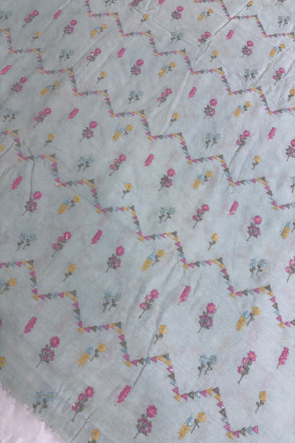 Powder Pistachio Green Cross Wave Patterns Embroidered With Multi Threads Highlighted With Sequins Falling Rawsilk Fabric