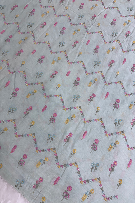 Powder Pistachio Green Cross Wave Patterns Embroidered With Multi Threads Highlighted With Sequins Falling Rawsilk Fabric