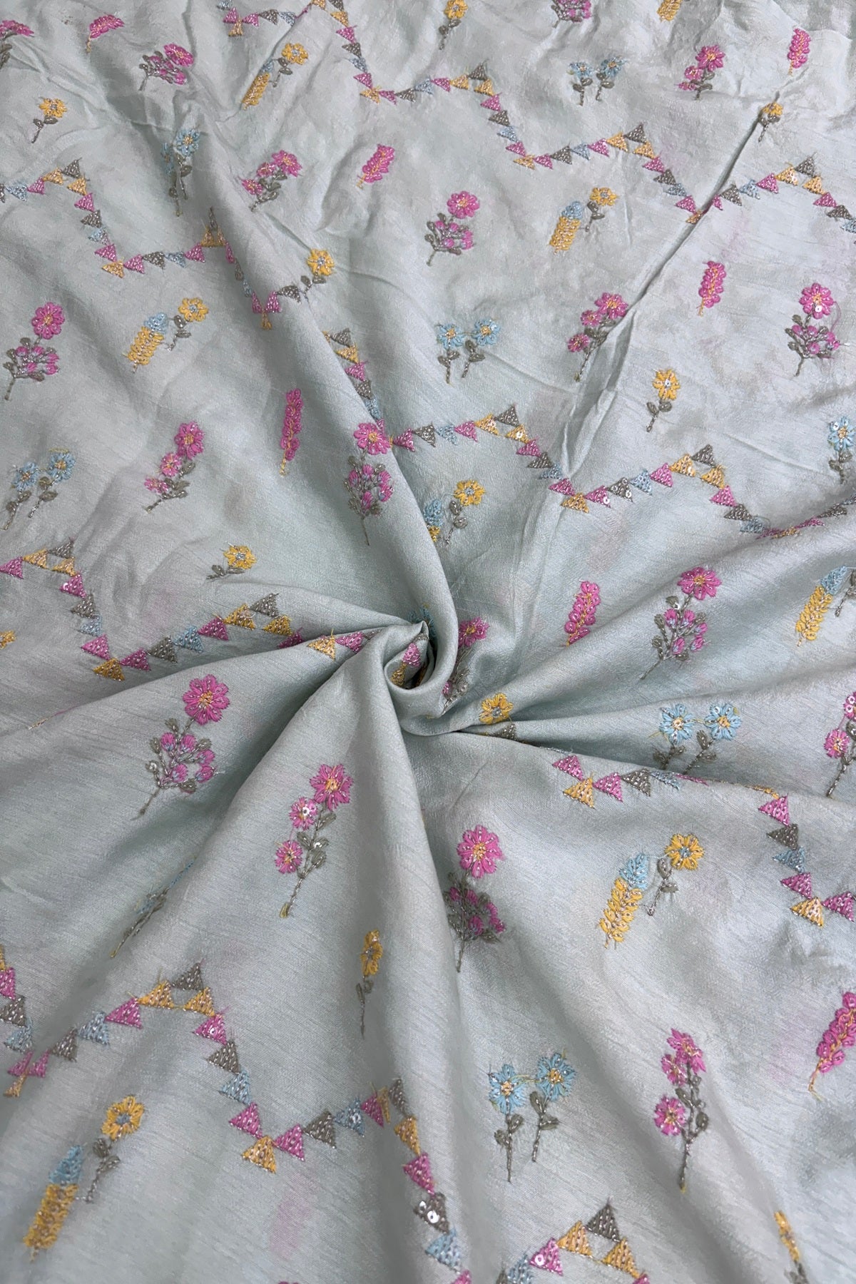 Powder Pistachio Green Cross Wave Patterns Embroidered With Multi Threads Highlighted With Sequins Falling Rawsilk Fabric