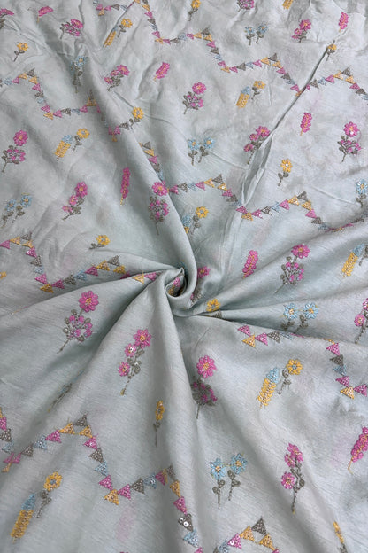 Powder Pistachio Green Cross Wave Patterns Embroidered With Multi Threads Highlighted With Sequins Falling Rawsilk Fabric