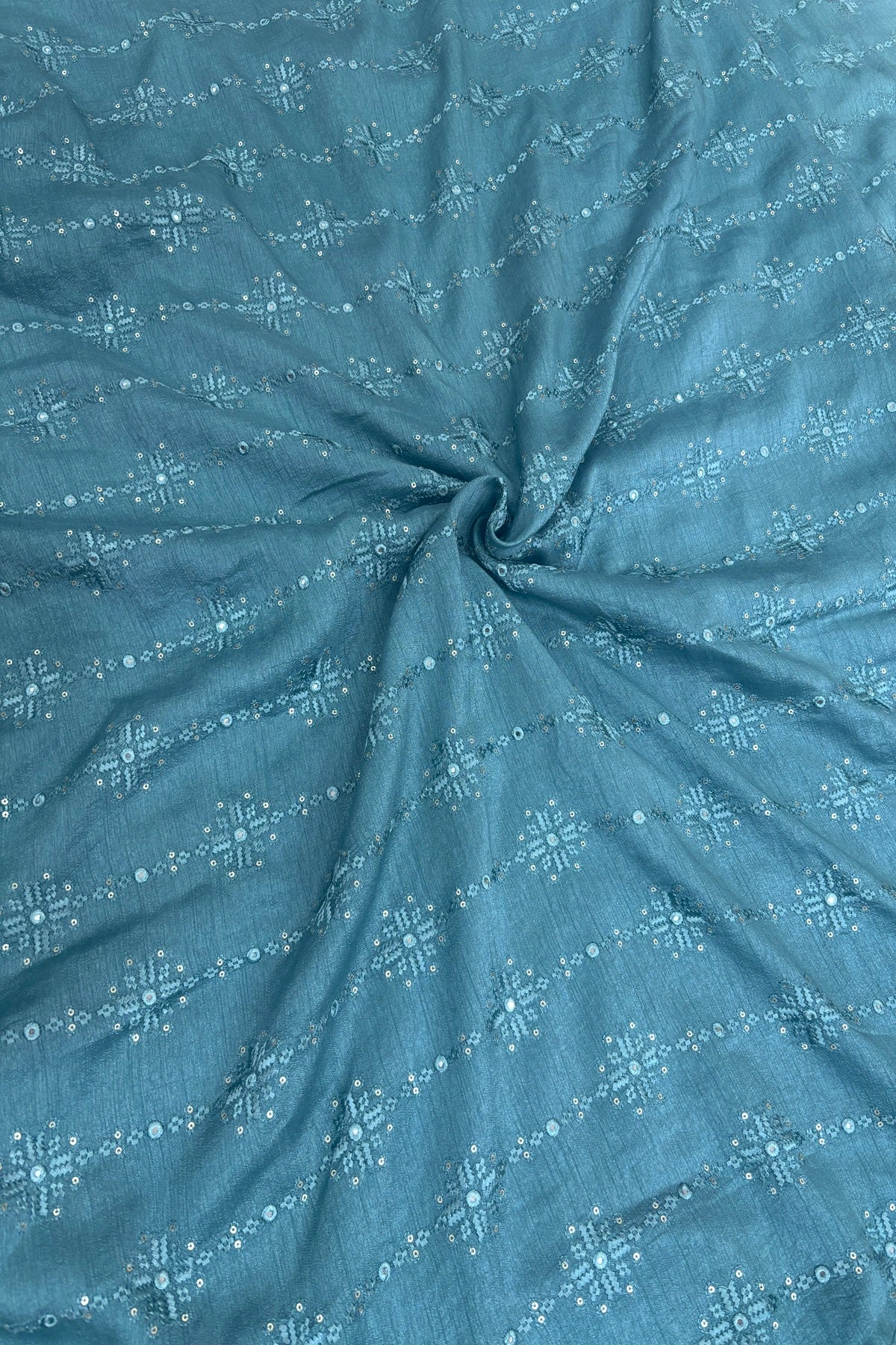 Dusky Turquoise Blue Crosstich Work Highlighted With Sequins & Mirror Falling Rawsilk Fabric