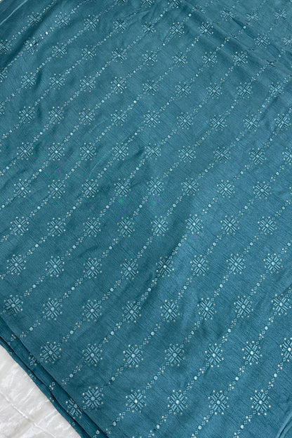 Dusky Turquoise Blue Crosstich Work Highlighted With Sequins & Mirror Falling Rawsilk Fabric