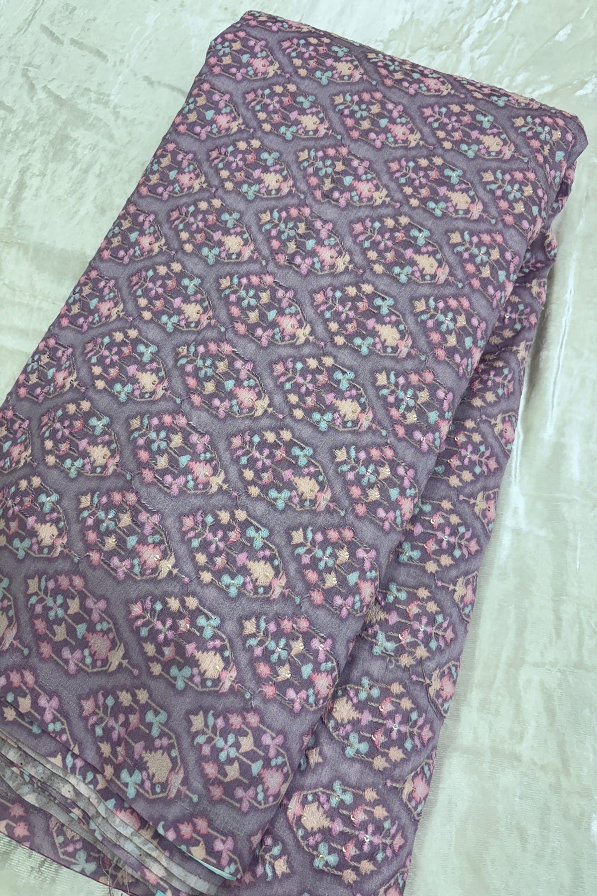 Soft Lillac Mughal Motifs Embroidered & Highlighted With Sequins Rawsilk fabric