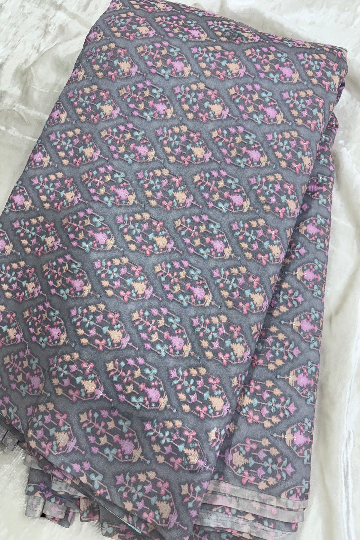 Light Grey Mughal Motifs Embroidered & Highlighted With Sequins Rawsilk fabric