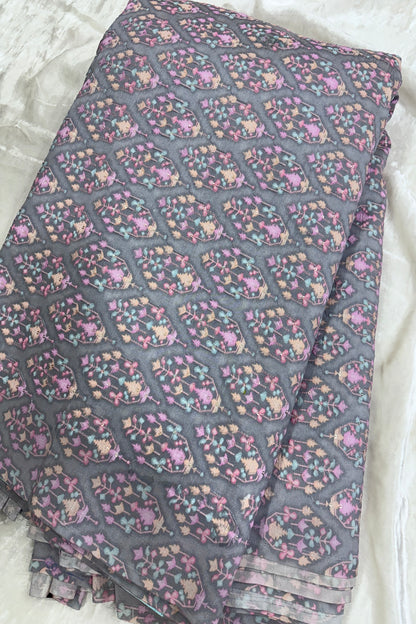 Light Grey Mughal Motifs Embroidered & Highlighted With Sequins Rawsilk fabric