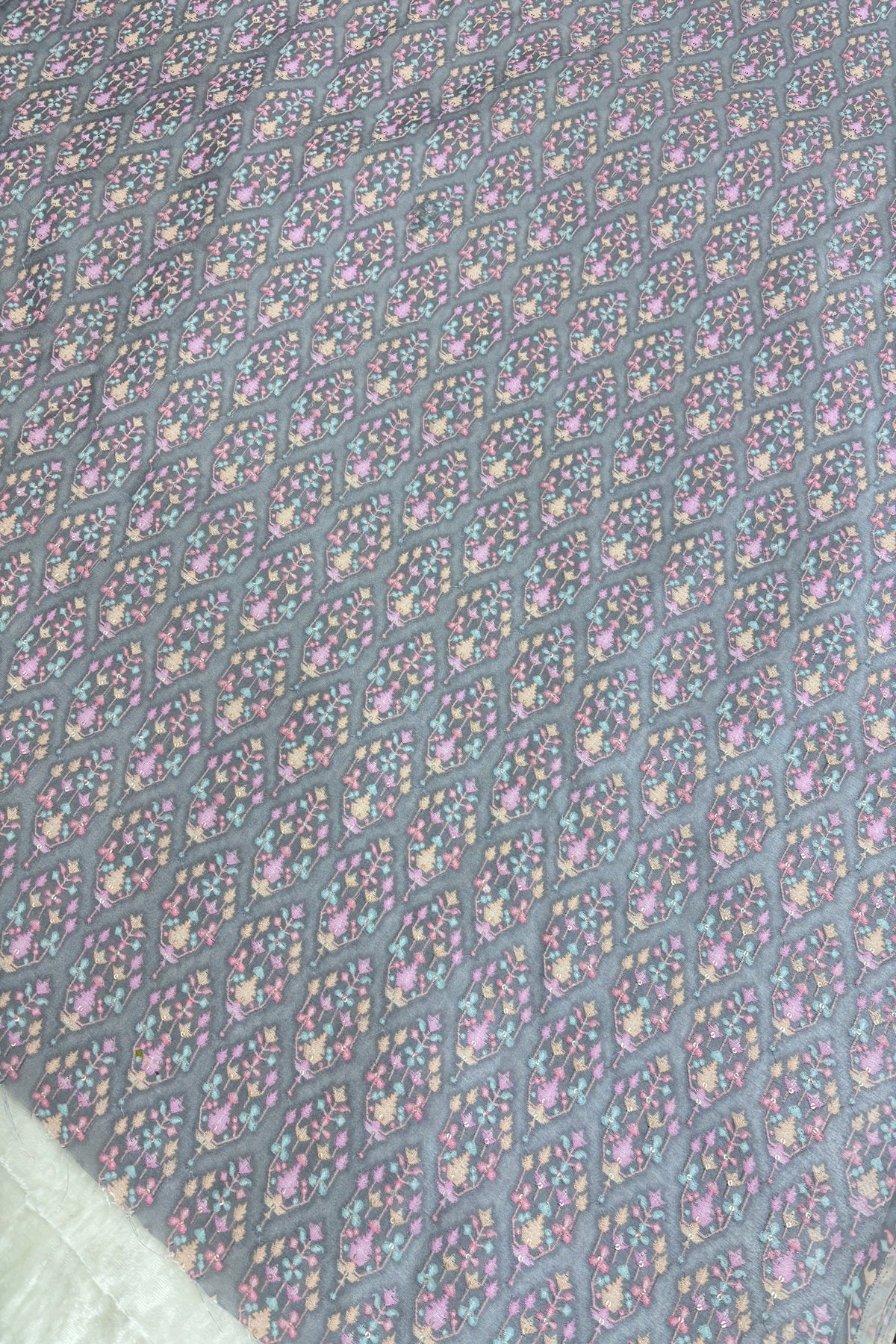 Light Grey Mughal Motifs Embroidered & Highlighted With Sequins Rawsilk fabric