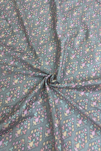 Light Grey Mughal Motifs Embroidered & Highlighted With Sequins Rawsilk fabric