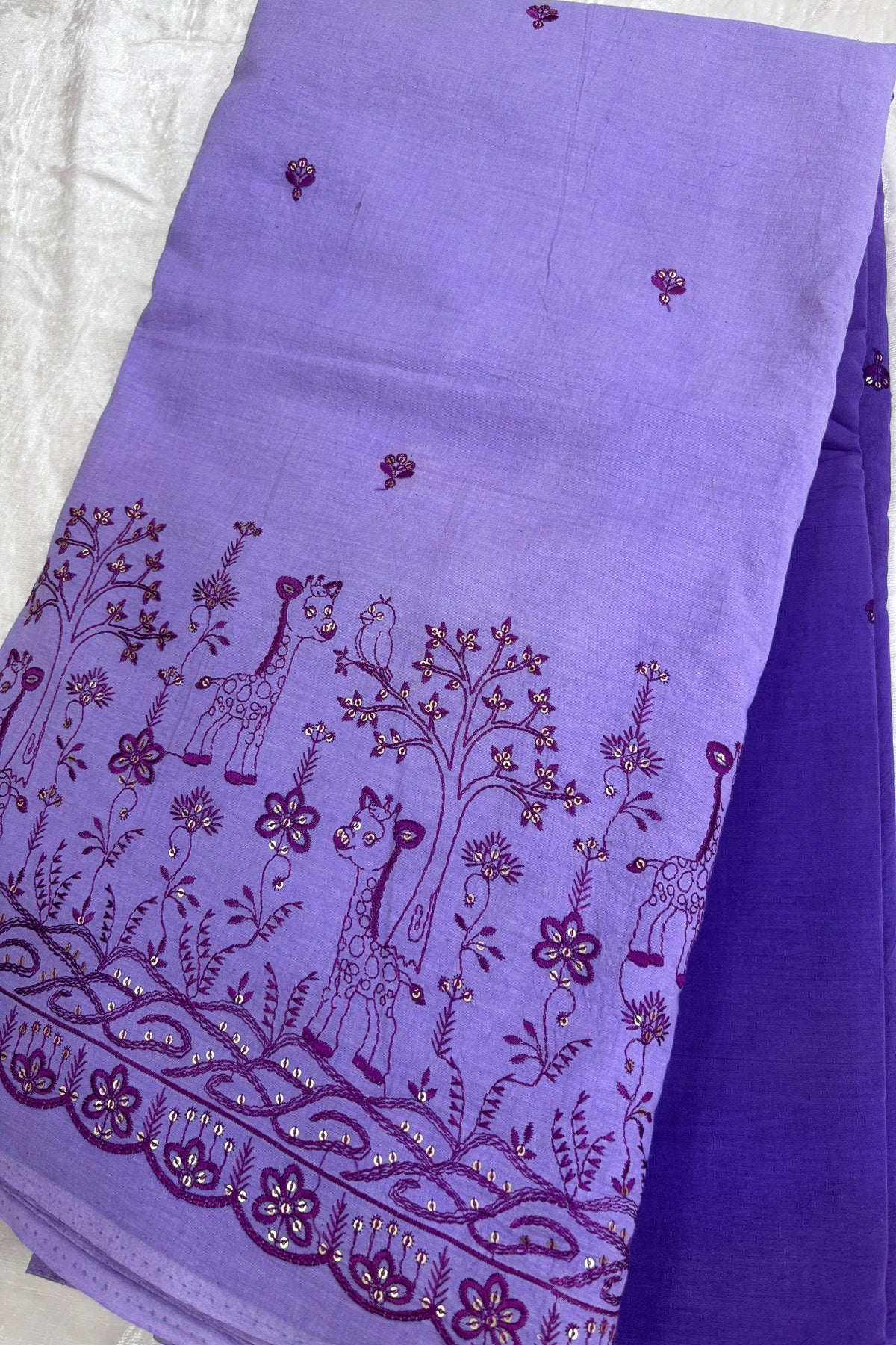 Shades Of Lavander & Purple Jungle Theme Embroiderey With Scallop Border Highligted With Sequins Kora Cotton Fabric