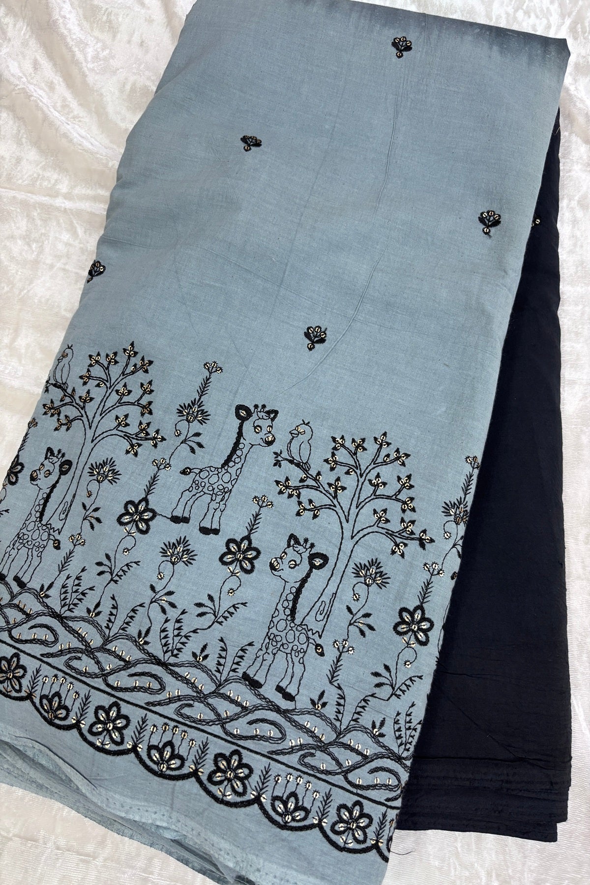Black & Grey Jungle Theme Embroiderey With Scallop Border Highligted With Sequins Kora Cotton Fabric