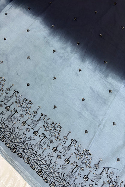 Black & Grey Jungle Theme Embroiderey With Scallop Border Highligted With Sequins Kora Cotton Fabric