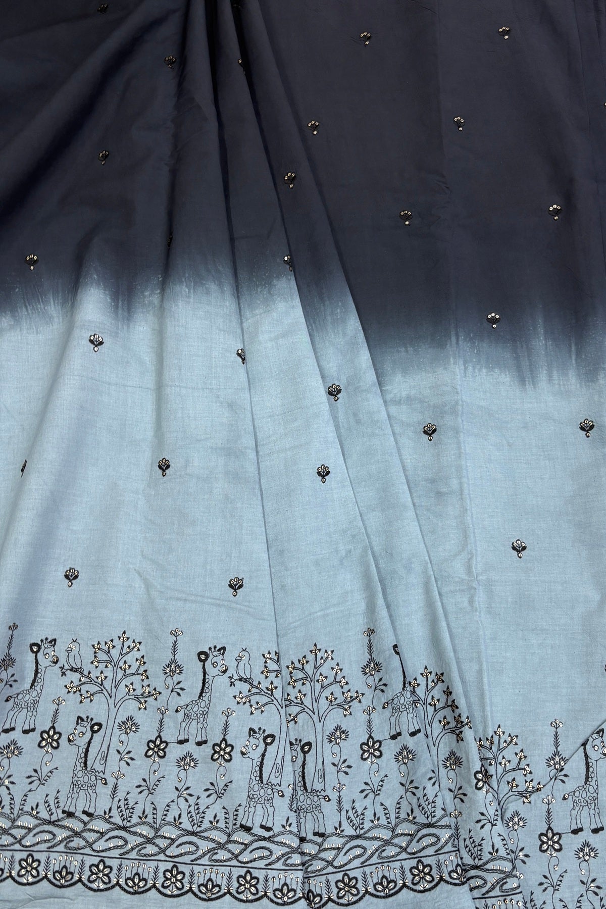 Black & Grey Jungle Theme Embroiderey With Scallop Border Highligted With Sequins Kora Cotton Fabric