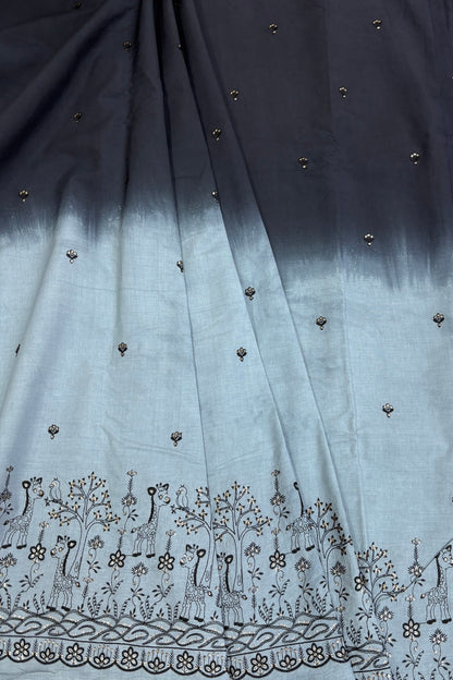 Black & Grey Jungle Theme Embroiderey With Scallop Border Highligted With Sequins Kora Cotton Fabric
