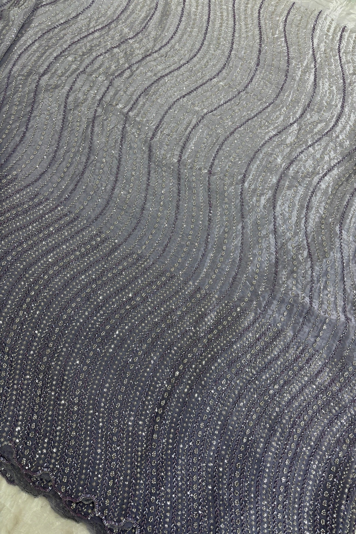 Hues Of Lavender Cross Wave Pattern Embroidered With Cutbeads & Sequins Space Silk Fabric