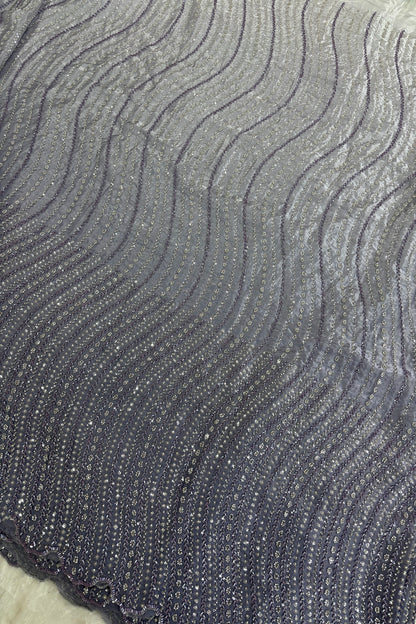 Hues Of Lavender Cross Wave Pattern Embroidered With Cutbeads & Sequins Space Silk Fabric
