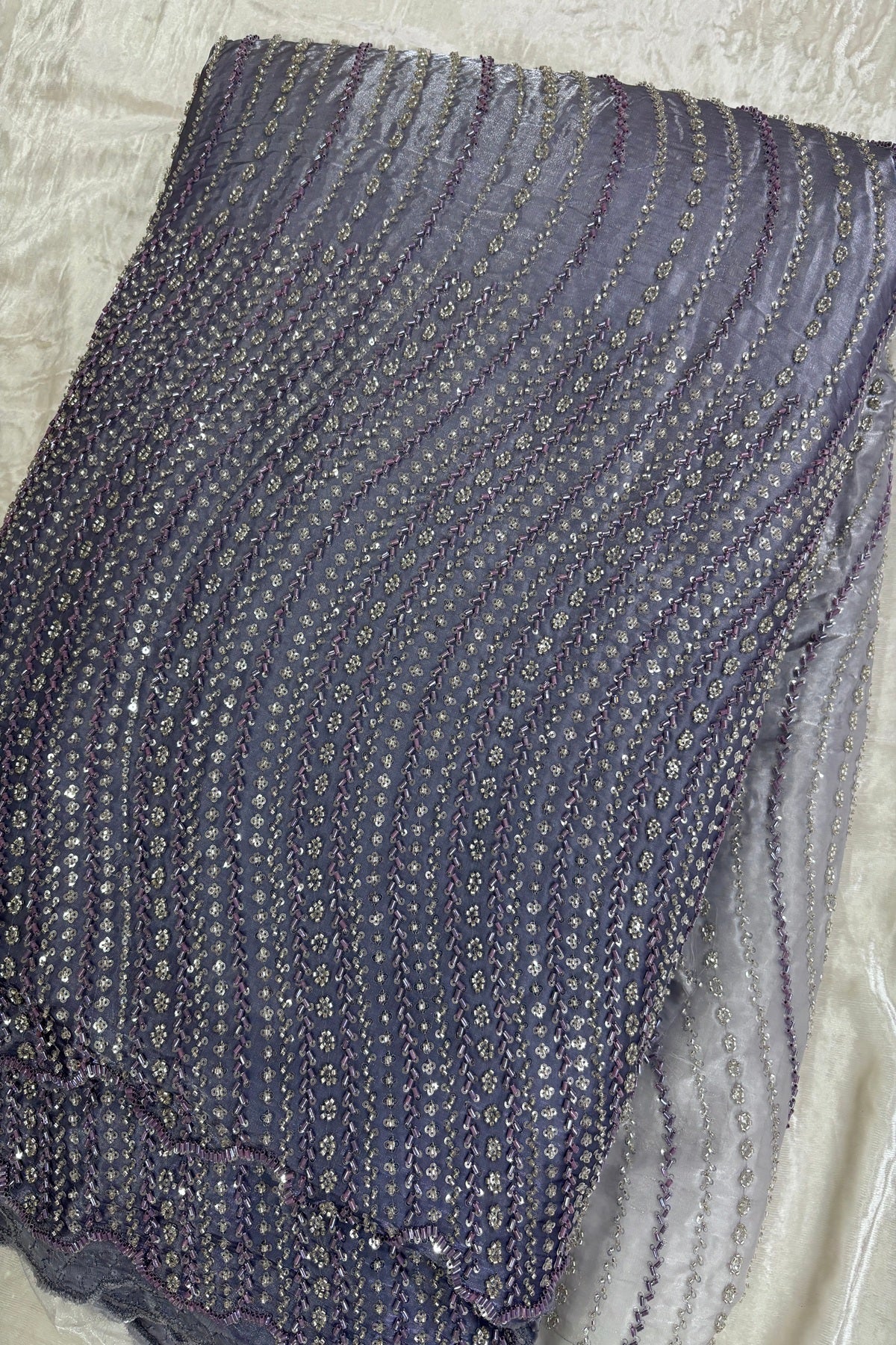 Hues Of Lavender Cross Wave Pattern Embroidered With Cutbeads & Sequins Space Silk Fabric