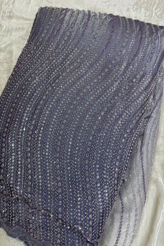 Hues Of Lavender Cross Wave Pattern Embroidered With Cutbeads & Sequins Space Silk Fabric