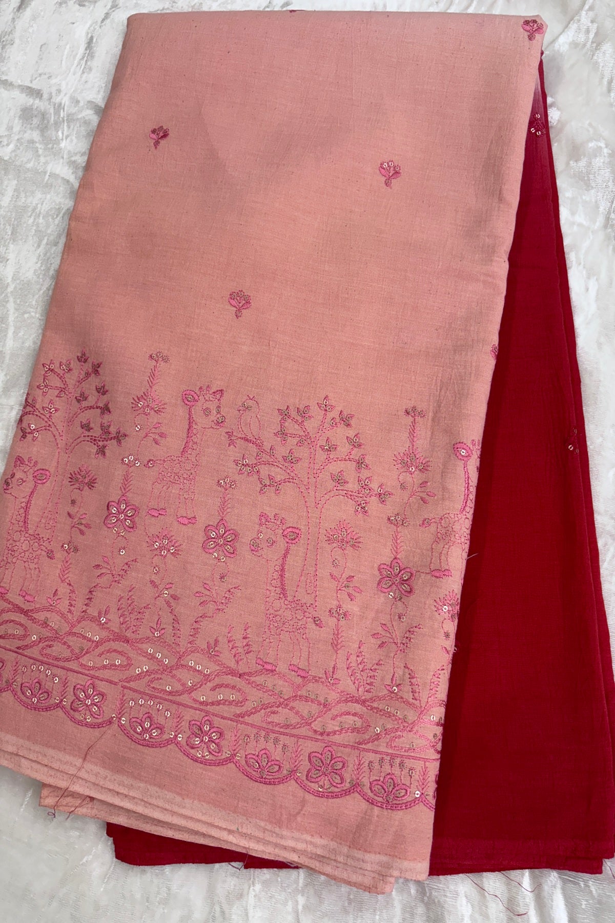 Peach & Red Jungle Theme Embroiderey With Scallop Border Highligted With Sequins Kora Cotton Fabric